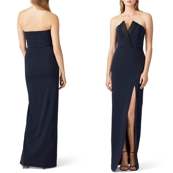 JAY GODFREY Navy Blue Strapless Tuxedo Sleeveless Column Side Slit Maxi Gown 10 - Picture 3 of 7